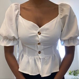 Ruffle Trim Puff-Sleeve Peplum Blouse